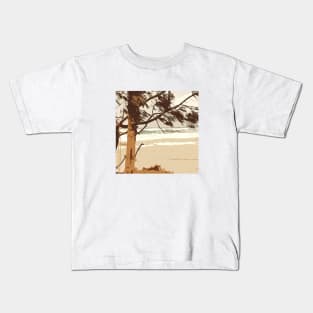 Tropical view, sea, tree, wind, beach, ocean, summer, landscape, digital, nature, water, travel, waves, art, minimal, surf, Kids T-Shirt